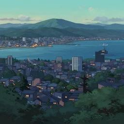 a japanese city near the sea, lofi, dreamy, moody, anime inspiration, ghibli vibe, pixelart