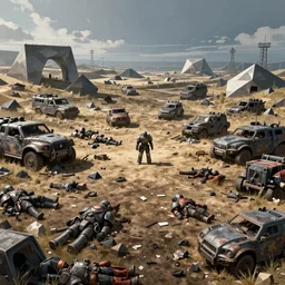 Warhammer 40k imperial guard abandoned battlefield, featured in ArtStation, realistic colors, Wide angle, Dead bodies, Wrecked vehicles, Daytime, Geometrically realistic