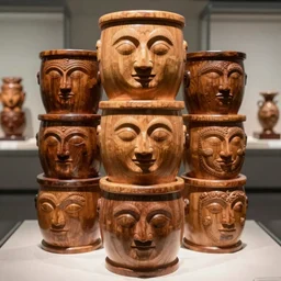 stacked wooden urns with carved faces, museum, wood carving, photorealism