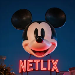 giant mickey mouse head floating in the night sky, giant neon sign that says netflix, red color sheme