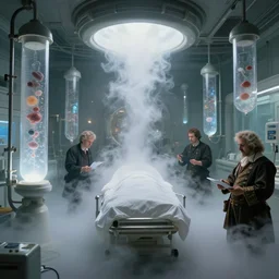 rococo science fiction burial chamber hospital filled with cryogenic tubes pouring white mist, by greg rutkowski, zdzisław beksinski, anato finnstark, and rembrandt