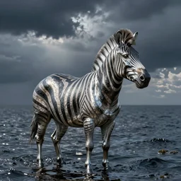 a metal zebra standing in the middle of the sea