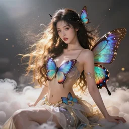 a beautiful female goddess of the butterflies character, character is in all its glory, character is in her natural relaxed pose, rim lights, particles and dust in the air, fancy clouds, highly detailed professional photo, dynamic lights, particles are flying, depth of field, trending on artstation, professional illustration, hyper realistic, vray caustics, super detailed, colorful accents, cinematic shot