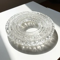 a sculpture of infinite concentric rings made of clear crystal casting caustics on a white table morning light
