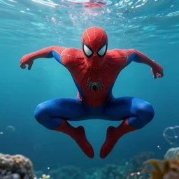 spiderman underwater, 3 d render, unreal engine, octane render, ray tracing, unity, highly detailed, high quality, hd, 4 k, 8 k, realistic, sharp, trending