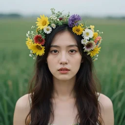 portrait of a woman in a field wearing flowers in her hair, david hamilton photography