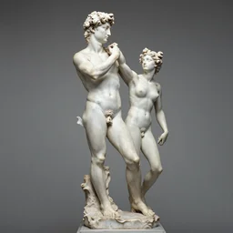 sculpture of venus kidnapping persephone made by michelangelo, carrara marble, gray background