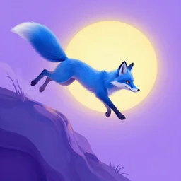 a illustration blue fox leap towards sun, tones of purple, by neofluid