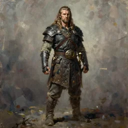 a full body fantasy portrait oil painting illustration of a single rugged stoic barbarian man by Justin Sweet with face and body clearly visible, d&d, rpg, forgotten realms, artstation trending, high quality, sombre mood, artstation trending, muted colours, no crop, entire character!,