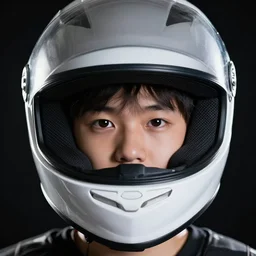 close - up portrait of a cool kid with motor helmet, head and shoulders portrait, dramatic backlight, black background