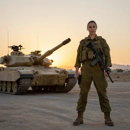 Gal Gadot soldier of the IDF, sunset, next to an israeli tank