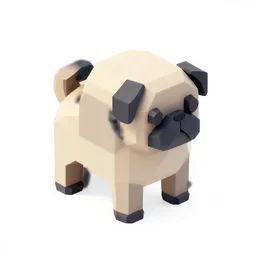 Matte 3d low poly icon of a pug, isometric perspective on pure white background, 3D render, lat lighting