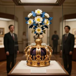 a wide full shot, russian and japanese mix 1 9 0 0 s historical fantasy of a photograph taken of a royal gold crown with white and yellow flowers with blue leaves, photographic portrait, warm lighting, from an official photographer from the royal museum. displayed in a museum.