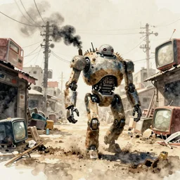 incredible screenshot, simple watercolor, soft bloom lighting, paper texture, movie scene, a robot mecha wandering in a deserted shinjuku junk town, old pawn shop, bright sun bleached ground, cyberpunk, animatronic, black smoke, pale  beige sky, junk tv, texture, strange, impossible, fur, spines,  mouth, pipe brain, shell, brown mud, dust, overhead wires, telephone pole, dusty, dry, pencil marks  hd, 4k, remaster, dynamic camera angle, deep 3 point perspective, fish eye, dynamic scene
