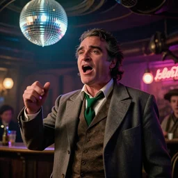 the medium shot of singing old drunkard ( ( ( ( ( joaquin phoenix ) ) ) ) ) with sideburns worn in the old grey jacket with green tie on the scene in steampunk bar, still frame from the movie with the cinematography of christopher doyle, neon lighting reflecting from a disco ball, anamorphic lens, optical flares, award - winning photo, 8 k
