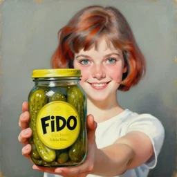 a smiling girl with short grey red hair proudly holding a fido jar into the camera. close up. the fido jar is filled with big green pickles. painting by lise deharme, by virgil finlay