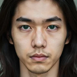 young man, long hair, short facial hair, no mustache, dark green eyes, dark eyebrows, light widows peak light facial hair, in the style of junji ito, 8 k, raw, unedited, symmetrical balance, in - frame