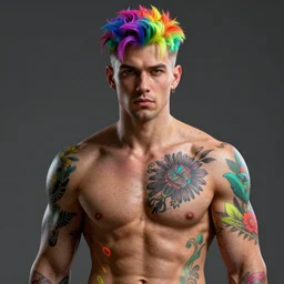 masterpiece portrait of a muscular man with rainbow hair and florescent tattoos, au naturel, hyper detailed, digital art, trending in artstation, cinematic lighting, studio quality, smooth render, unreal engine 5 rendered, octane rendered, art style by kurzgesagt and nixeu and ian sprigger and wlop and krenz cushart and kim jung gi and greg rutkowski