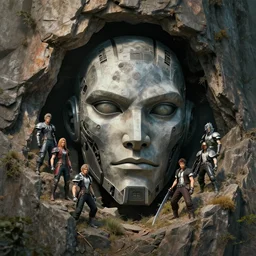 a detailed portrait of a giant robotic face buried half way in a cliff face by Greg Rutkowski, Sung Choi, Mitchell Mohrhauser, Maciej Kuciara, Johnson Ting, Maxim Verehin, Peter Konig, final fantasy, Marco lense , 8k photorealistic, cinematic lighting, HD, high details, atmospheric , trending on artstation