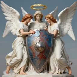 vision of angels with a broken shield, trying to fix it by ivan shishkin and alfred kubin, style of futurism