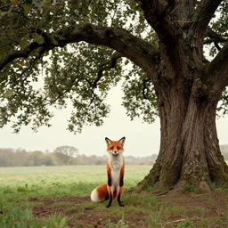 realistic photograph of fantastic mr. fox standing under an old oak tree, wes anderson, ansel adams