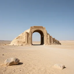 intergalactic stargate portal in the middle of a barren wasteland, with nothing but sand and rocks as far as the eye can see, style of ancient greek architecture