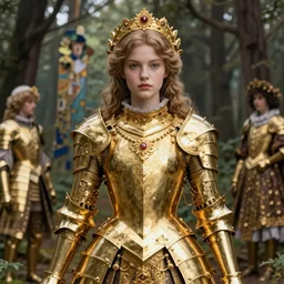 a masterpiece ultrarealistic ultradetailed portrait of a beautiful girl in incredible goledn armor. baroque renaissance. in forest. medium shot, intricate, elegant, highly detailed. trending on artstation, digital art, by stanley artgerm lau, wlop, rossdraws, james jean, andrei riabovitchev, marc simonetti, yoshitaka amano. background by james jean and gustav klimt, light by julie bell, 4 k, porcelain skin.