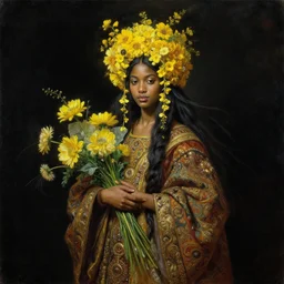 portrait oil painting, a beautiful young dark woman, black dark background, yellow floral headdress, yellow flowers, holding a bouquet of flowers, long flowing hair, ornate robe, ultra realistic, wide angle, intricate details, artifacts, luminous skies, highly detailed, michael cheval, peter mohrbacher, boris vallejo, jessica rossier, oil painting, highly detailed, cinematic lighting