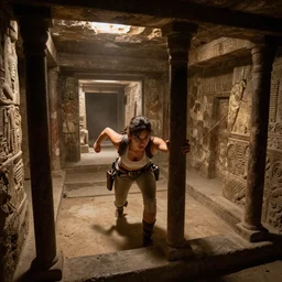 lara croft narrowly escaping a deadly trap, dimly lit underground dungeon, ancient tombs in the background, wide view, depth of field