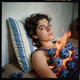 kodak portra 4 0 0, wetplate, muted colours, fire, 1 9 3 0 s award winning colour portrait of a blue white striped pillow leaning against the wall by saul leiter, insanely detailed, night, insanely intricate, depth of field, motion blur, vivid colours, blueberry