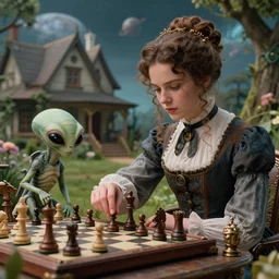 detailed, sharp, a girl playing chess with her pet humanoid alien, wearing 1860s era clothes, in the garden of a house on an alien planet, steampunk, extremely highly detailed, hyperrealistic, highly detailed faces, 70 mm still from a period sci fi movie, 4k, HD
