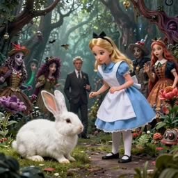 Alice in Wonderland hunting White Rabbit,highly detailed,cinematic,8k,by Stanley Artgermm,Tom Bagshaw,Greg Rutkowski,Carne Griffiths, Ayami Kojima, Beksinski, Giger,trending on DeviantArt,hyper detailed,horror, full of colour
