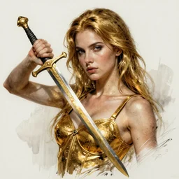 realistic portrait of a woman made of gold, shinning sword, fame, 1450, ink, ultra realistic, 8k