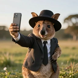 happy quokka wearing a suit and a hat, taking a selfie, golden hour, realistic
