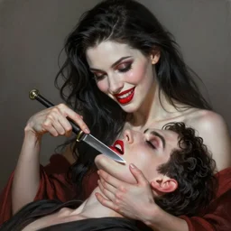 “ daria strokous as femme fatale vampire, smiling, with blood red lips, holding knife on her victim ’ s throat intricate, elegant, highly detailed, digital painting, artstation, concept art, smooth, sharp focus uhd 8 k, art by artgerm and greg rutkowski and alphonse mucha ”