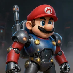 a dark and colorful close - up of a sci - fi mecha supermario robot with led lights glowing fog in the background. highly detailed science fiction painting by norman rockwell, frank frazetta, and syd mead. rich colors, high contrast, gloomy atmosphere, dark background. trending on artstation