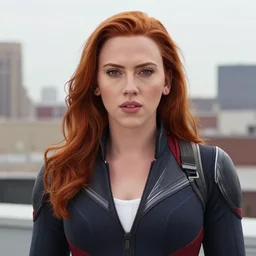 pretty scarlett johansson black widow, symmetrical eyes, long red hair, half body, city rooftop by agnes cecile moebius bilal, very luminous design, light pastel colours, ink drips, autumn lights