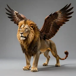 full body photograph of a hybrid creature that has the head of a man, the body of a lion, the wings of an eagle and the tail of scorpion 5 0 mm, studio lighting, in the style of national geographic