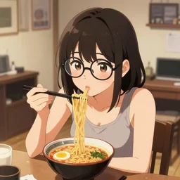beautiful japanese young woman with large round glasses, wearing a tanktop, eating ramen in her messy apartment, digital art by Sakimichan and Ross Tran