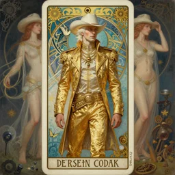 a dramatic ethereal epic symmetrical painting of a handsome white cowboy in a gold outfit | tarot card, art deco, art nouveau,  (steampunk), homoerotic, realistic | by Dresden Codak, by Mark Maggiori and ((((Alphonse Mucha))) | trending on artstation