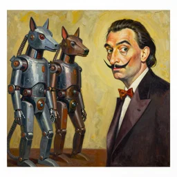 Oil painting by Rufino Tamayo. Two mechanical gods with animal faces having a conversation. Oil painting by Dali. Portrait by Lisa Yuskavage.