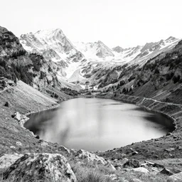 lago di sorapis, hyper - realistic black and white drawing, hyper detailed, extreme long shot, in the style of den yakovelv