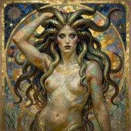 scary Medusa with snakes for hair posing for an Alphone Mucha illustration painting Art Nouveau