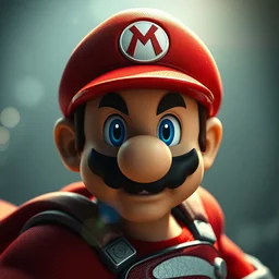 body portrait of posing super mario as superman superman with hat and cape in gears of war, face, flying, cinematic lighting, ray tracing, octane render, long lens, shallow depth of field, bokeh, anamorphic lens flare, 8 k, hyper detailed, 3 5 mm film grain