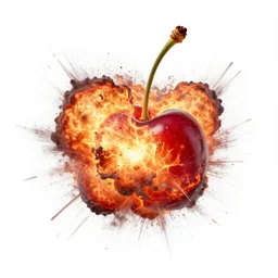 cherry just after it explodes, octane render, ue 5 render, detailed fire, detailed explosion, white background