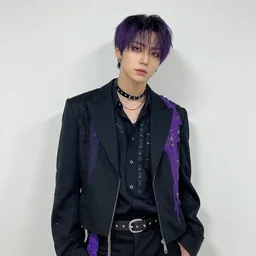 male ulzzang with black and purple visual kei outfit, medium shot