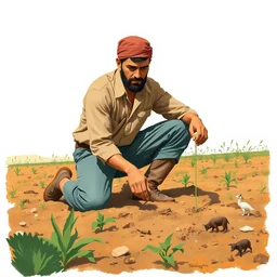 farmer kneeling down putting a seed in the ground, limited neutral palette, by petros afshar, anton fadeev, dean ellis, beautiful graphic full body portrait, propaganda poster art 1 9 7 0 s illustrated advertising art, painterly character design