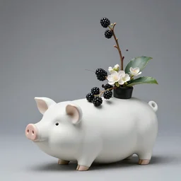 a pig - vase sculpture, blackberries, japanese ikebana flower arrangement, flowers in a vase, pig motif, obsidian and glass and pumice and japanese glazed pottery, zen,