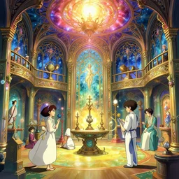 an art nouveau decorated alchemy room, magical, bright, colorful, fantastic lighting, amazing details, 4 k uhd, illustration by hayao miyazaki and makoto shinkai and ilya kuvshinov, artstation, pixiv,
