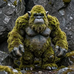 scandinavian big mountain troll portrait by ruan jia, moss growing on the troll and rocks and stone